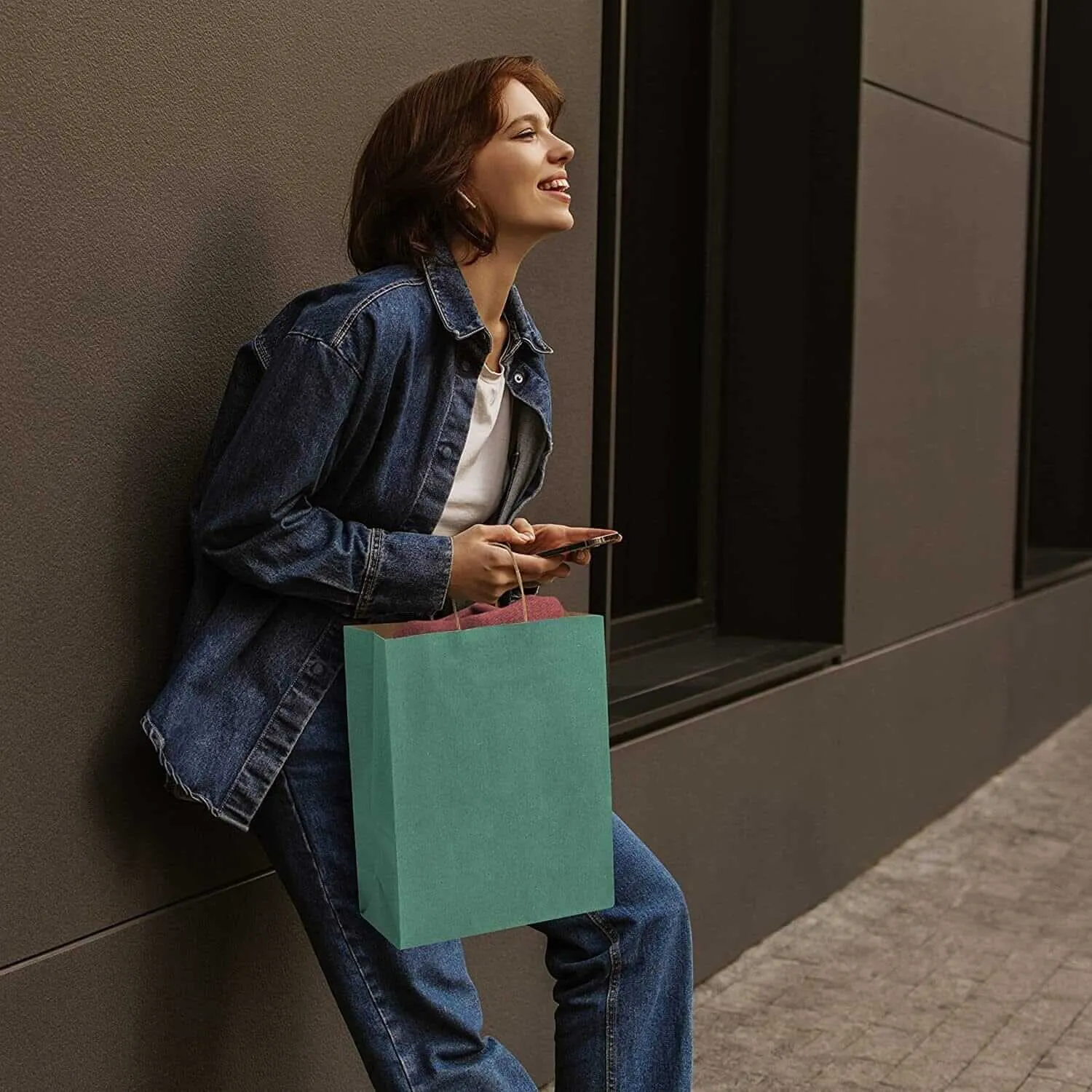 10x5x13 Medium Green Paper Bags with Handles