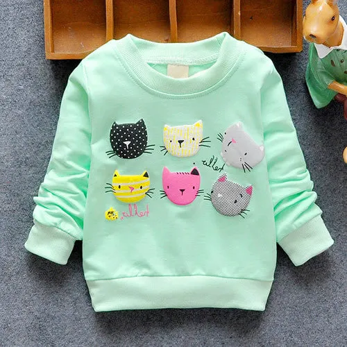 2016 New Arrival Baby Girls Sweatshirts Winter Spring Autumn sweater cartoon 6 Cats long sleeve T-shirt Character kids clothes