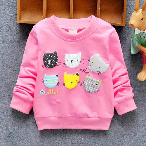 2016 New Arrival Baby Girls Sweatshirts Winter Spring Autumn sweater cartoon 6 Cats long sleeve T-shirt Character kids clothes