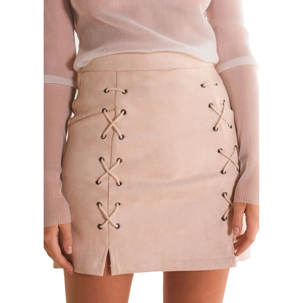 Autumn Winter A-line High Waist Suede Leather Skirt Women Solid Lace up Vintage Preppy Casual Mini Skirts Black Nude