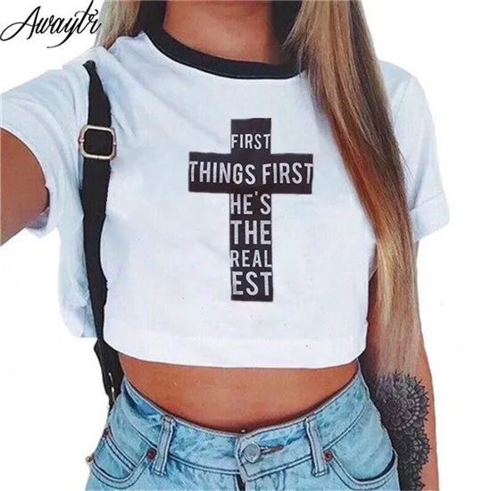 Awaytr Women's Summer Letter Printed Crop Top 2017 Short Sleeve Cotton T Shirts Brand New Casual Tees Cute Cropped Top