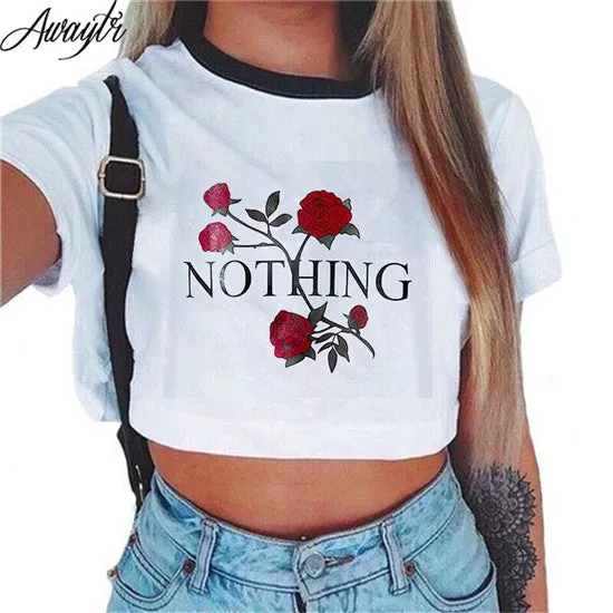 Awaytr Women's Summer Letter Printed Crop Top 2017 Short Sleeve Cotton T Shirts Brand New Casual Tees Cute Cropped Top