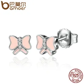 BAMOER 925 Sterling Silver Bowknot Female Stud Earrings with Push Back Clasp S925 Women Fashion Jewelry Gift SCE029-1L