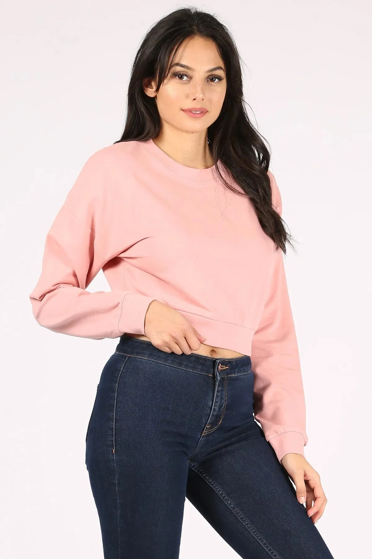 BASIC PLAIN SOLID FLEECE CROP CREWNECK SWEATSHIRT