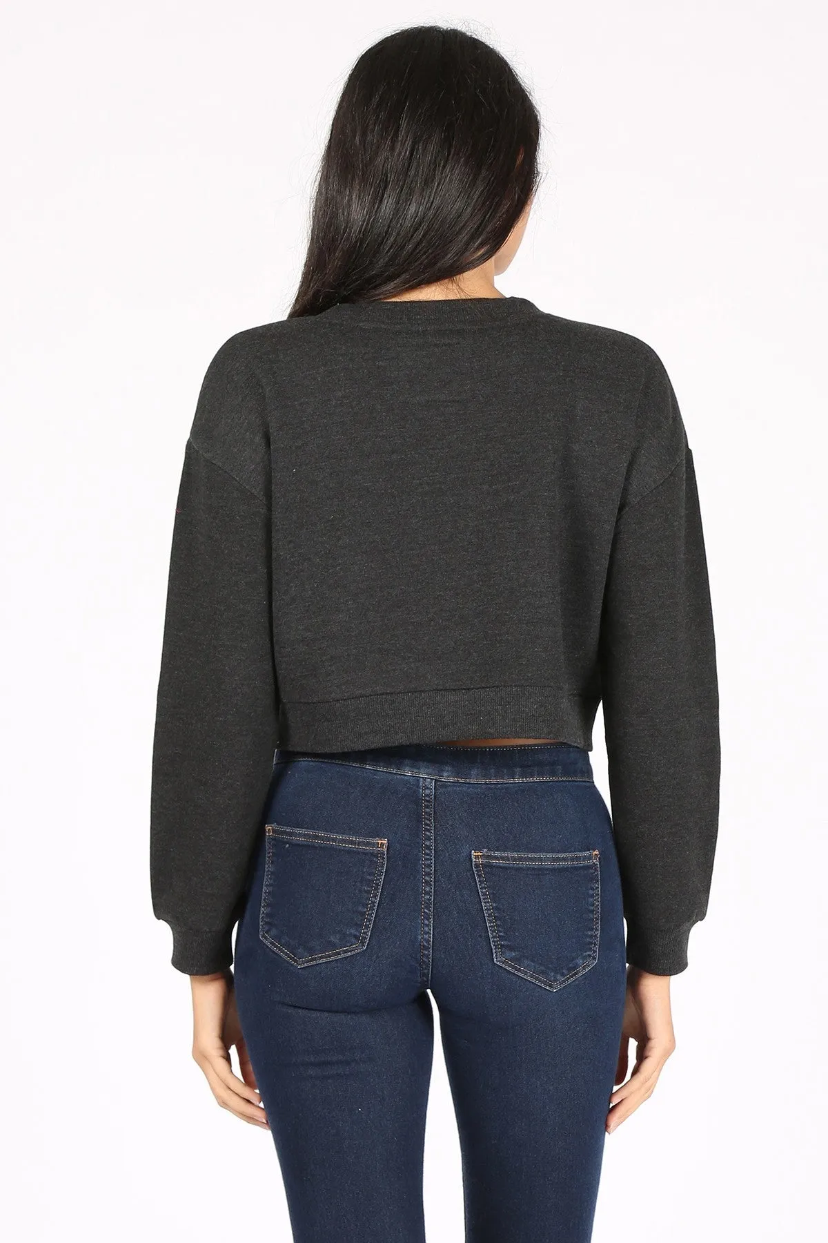 BASIC PLAIN SOLID FLEECE CROP CREWNECK SWEATSHIRT