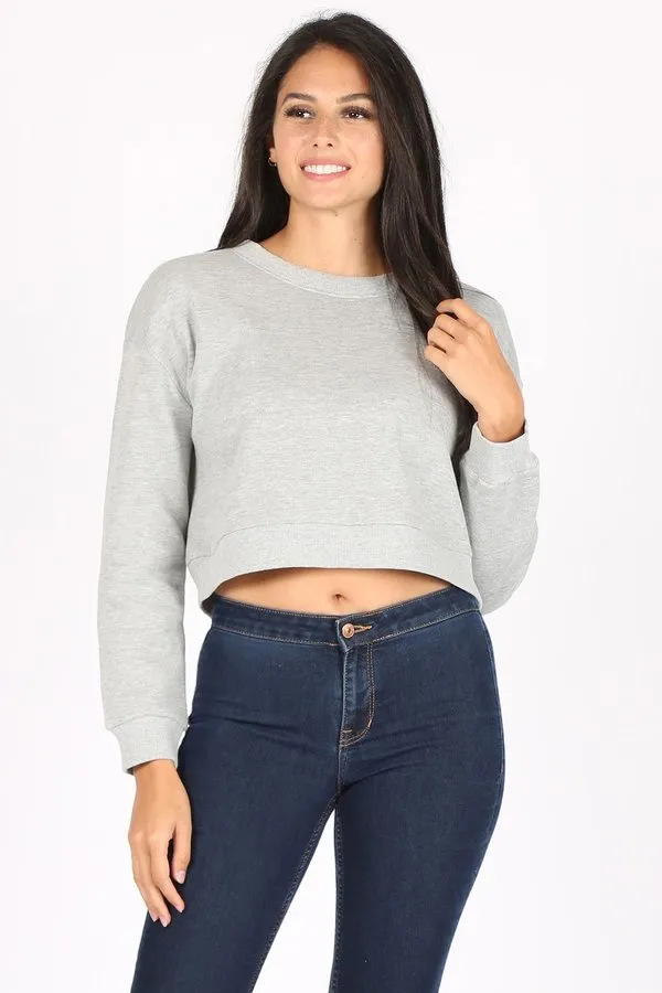 BASIC PLAIN SOLID FLEECE CROP CREWNECK SWEATSHIRT