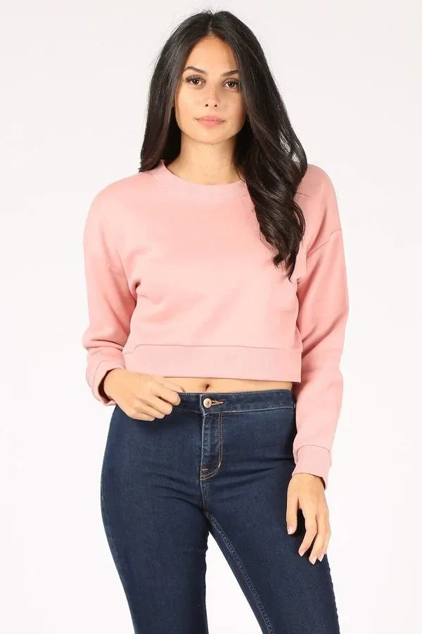 BASIC PLAIN SOLID FLEECE CROP CREWNECK SWEATSHIRT