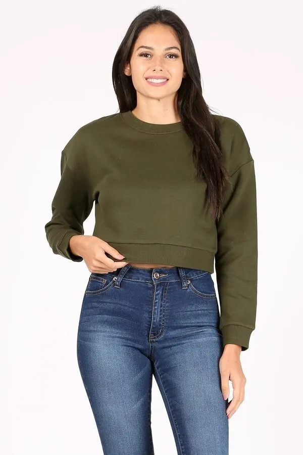 BASIC PLAIN SOLID FLEECE CROP CREWNECK SWEATSHIRT