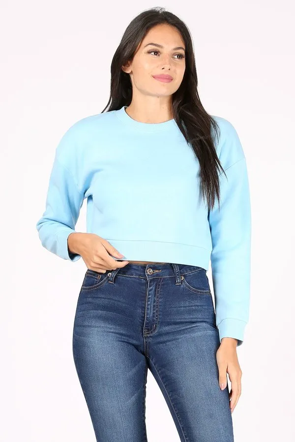 BASIC PLAIN SOLID FLEECE CROP CREWNECK SWEATSHIRT