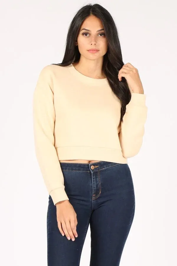 BASIC PLAIN SOLID FLEECE CROP CREWNECK SWEATSHIRT