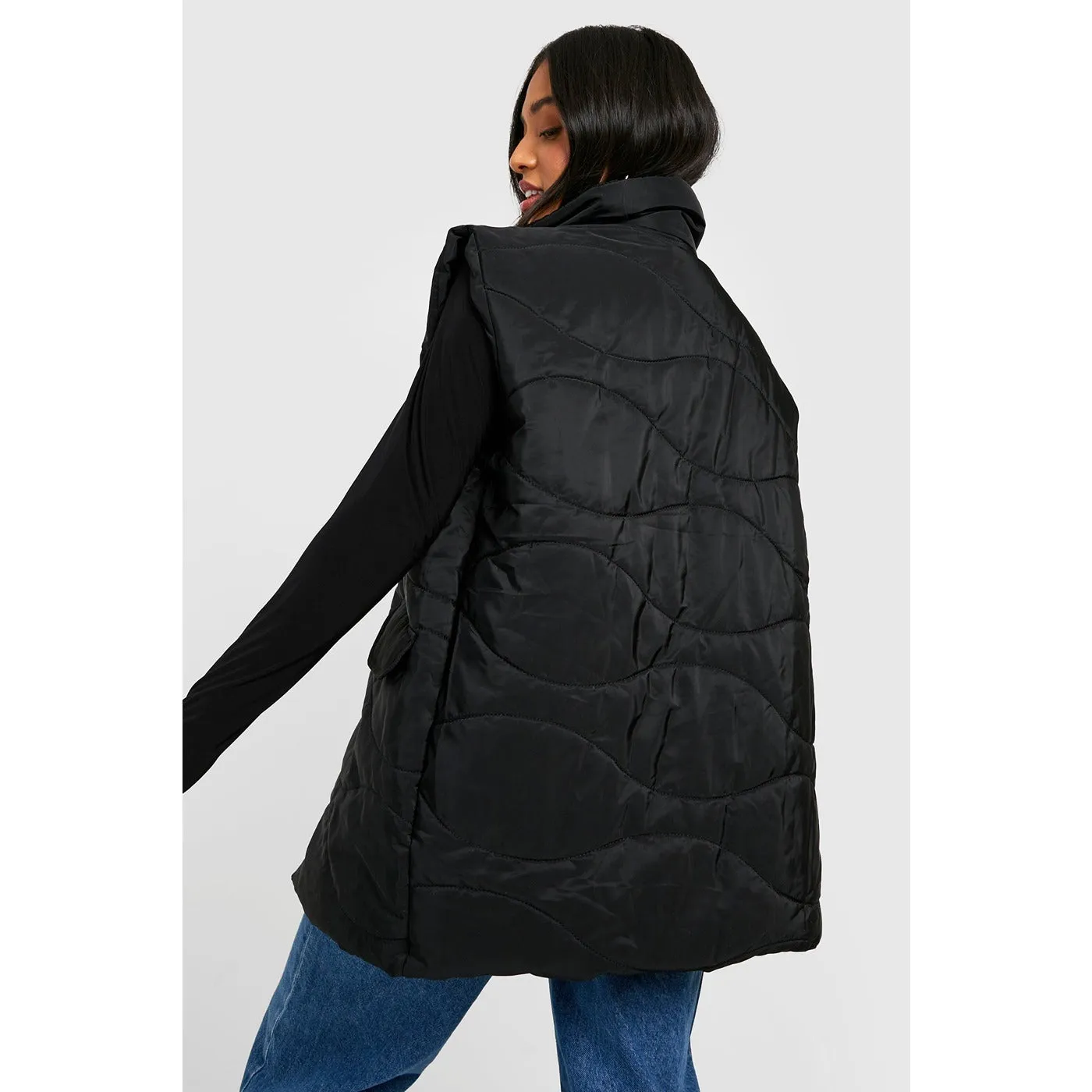 Black Quilted Funnel Neck Jacket