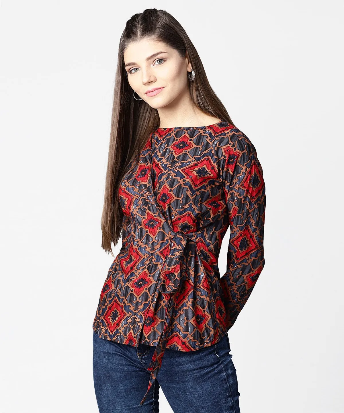 Blue & Red Printed Full Sleeve Tops