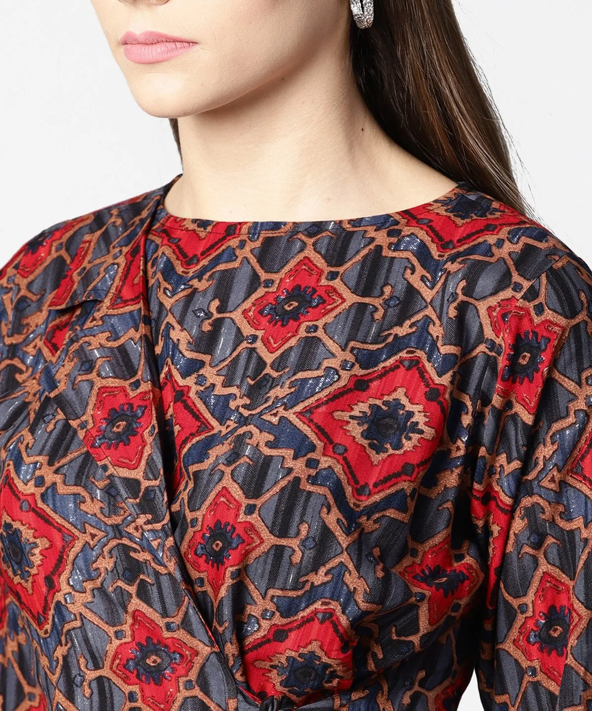 Blue & Red Printed Full Sleeve Tops