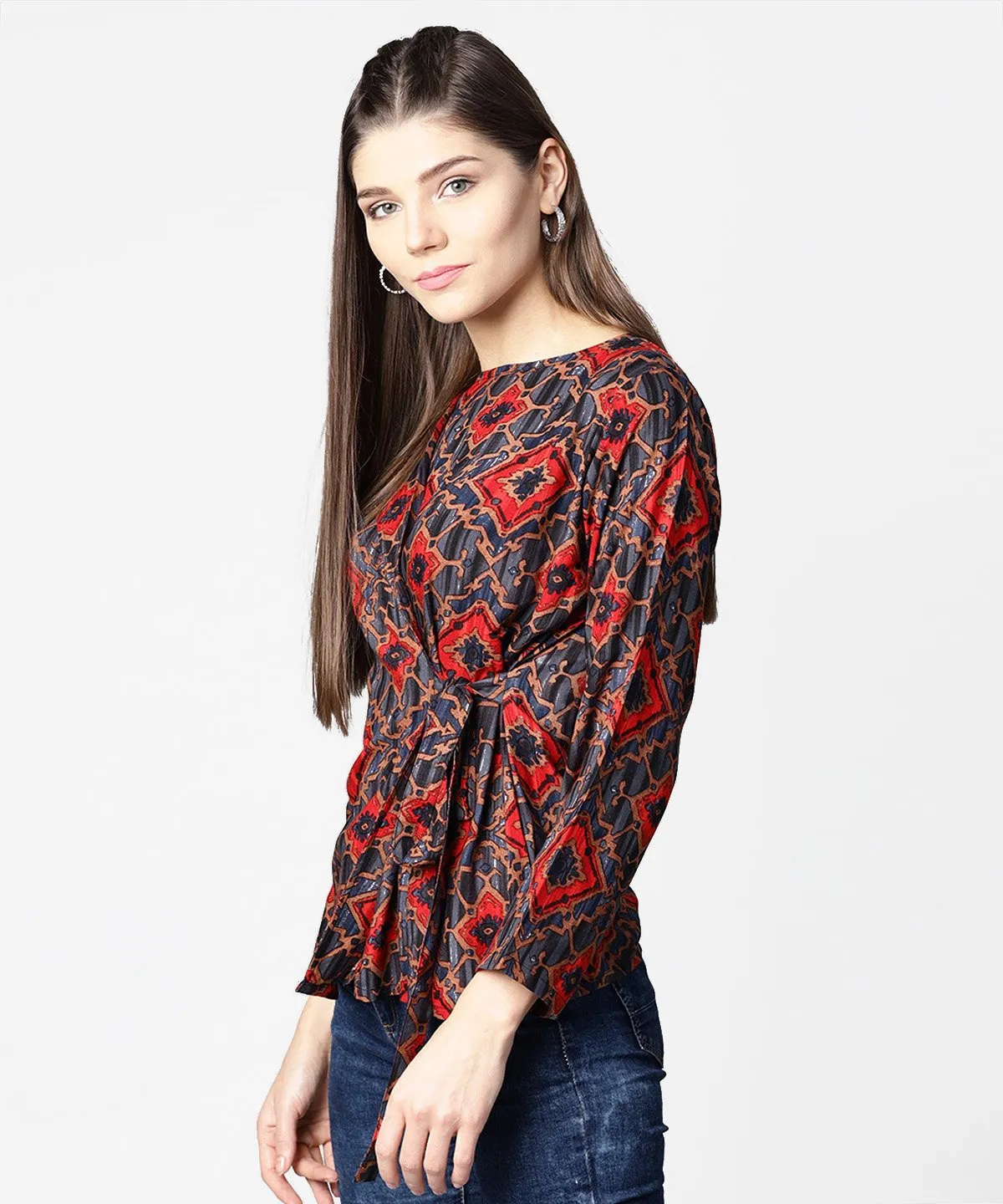 Blue & Red Printed Full Sleeve Tops