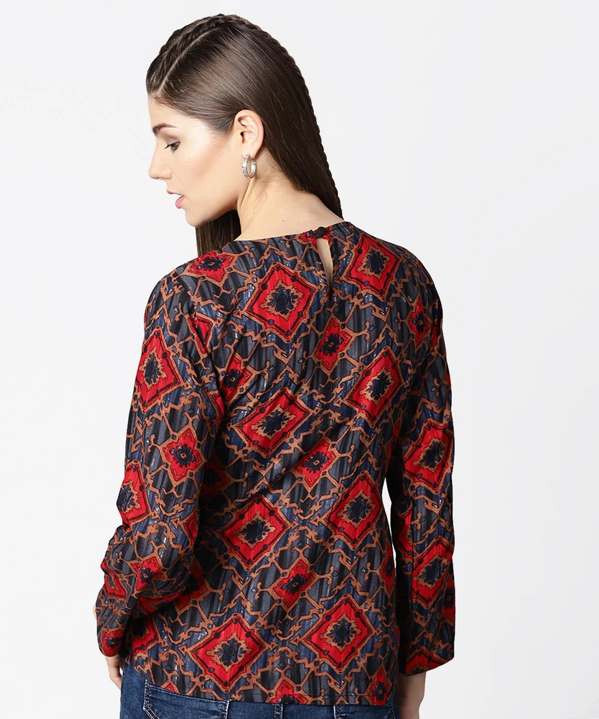 Blue & Red Printed Full Sleeve Tops