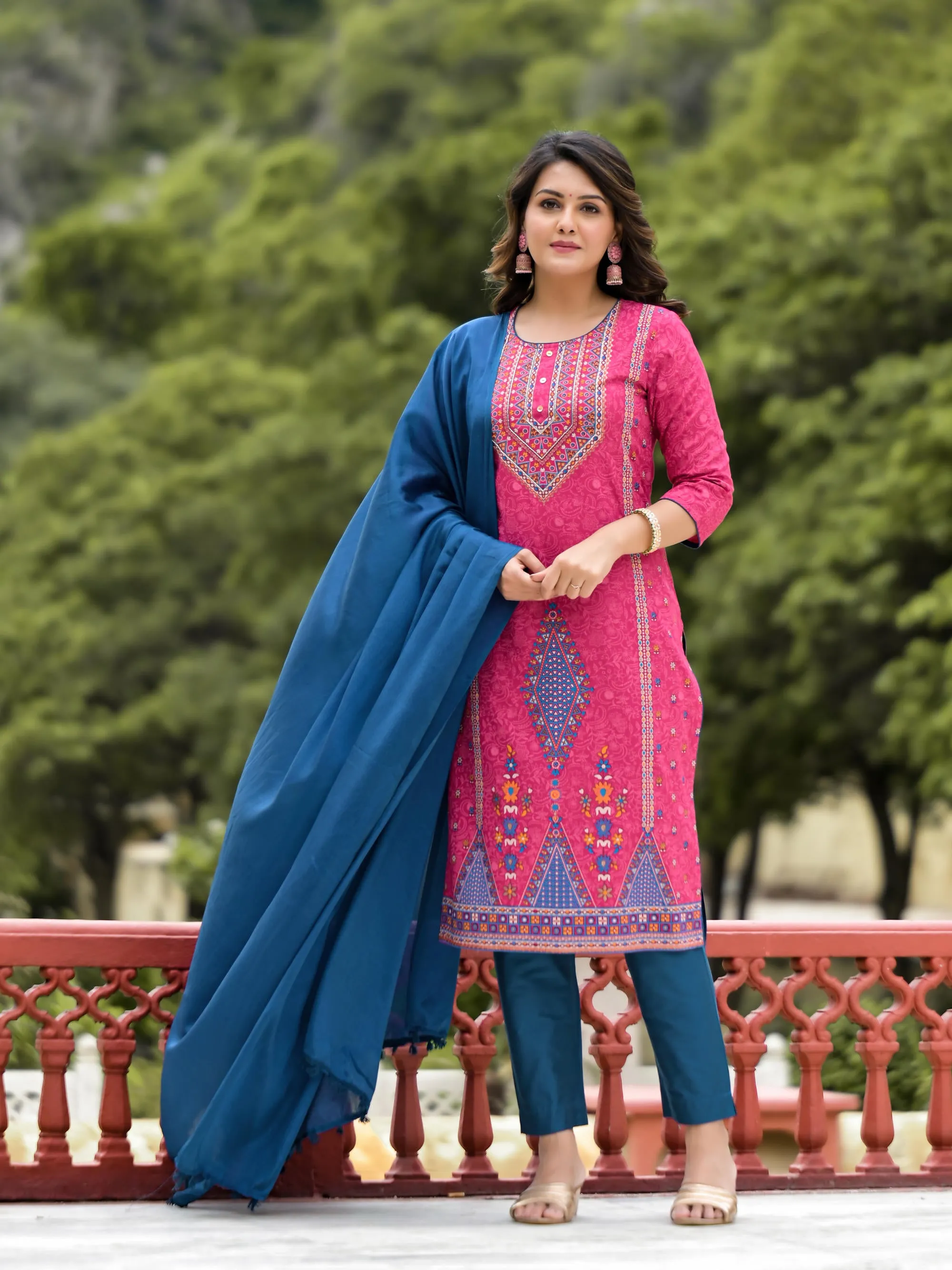 Blue Ethnic Motif Printed Liva Rayon Kurta Pant And Dupatta Set With Buttons & Tassels