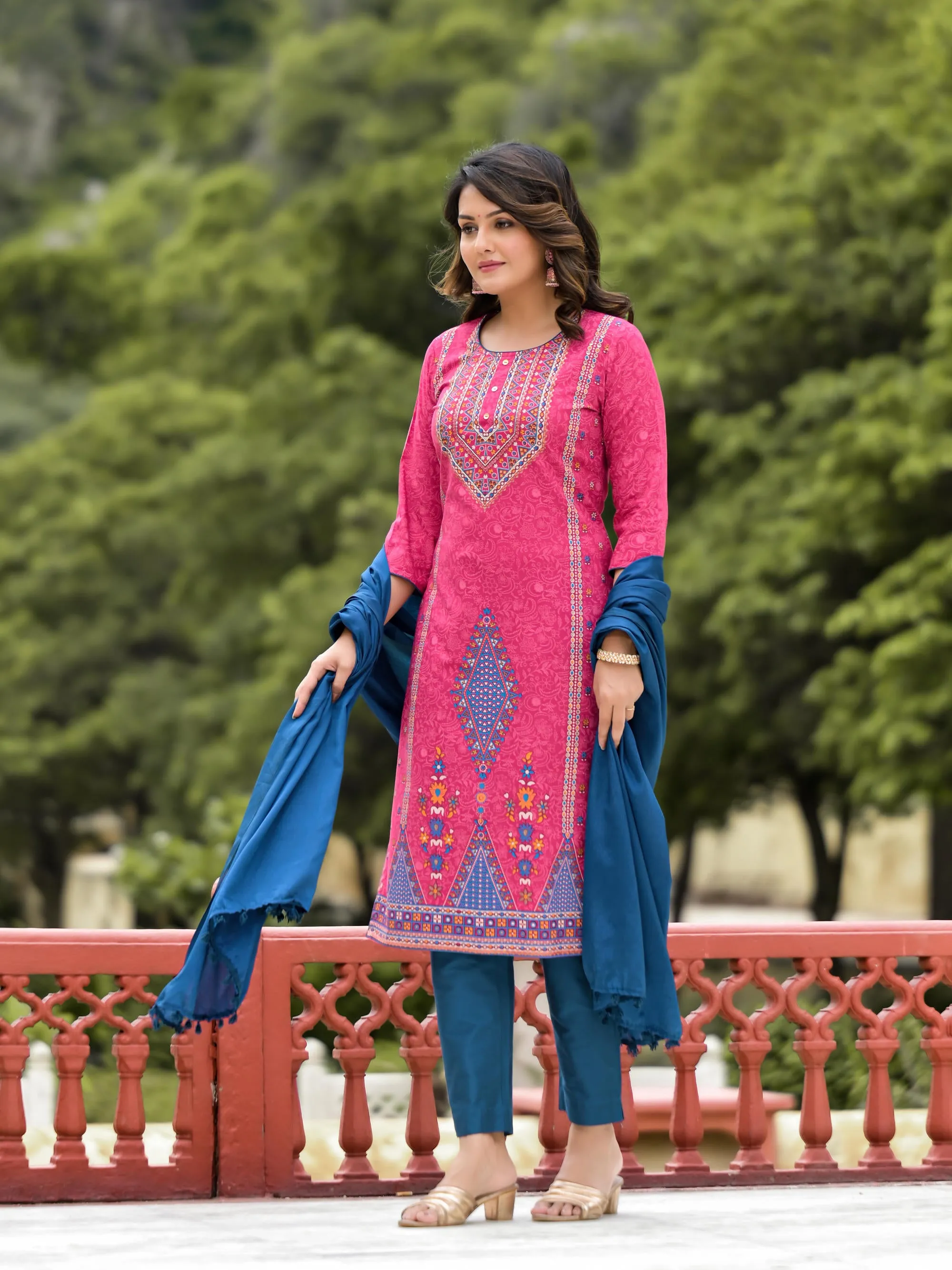 Blue Ethnic Motif Printed Liva Rayon Kurta Pant And Dupatta Set With Buttons & Tassels