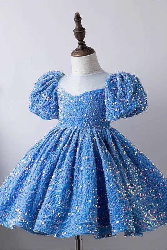 Blue Sequined Flower Girl Dress with Short Sleeves, Sparkly Children Dresses UQF0008