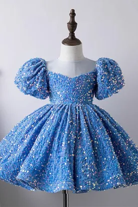 Blue Sequined Flower Girl Dress with Short Sleeves, Sparkly Children Dresses UQF0008