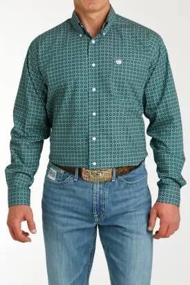 Cinch Teal/Tan Geometric Print Button-Down Shirt for Men