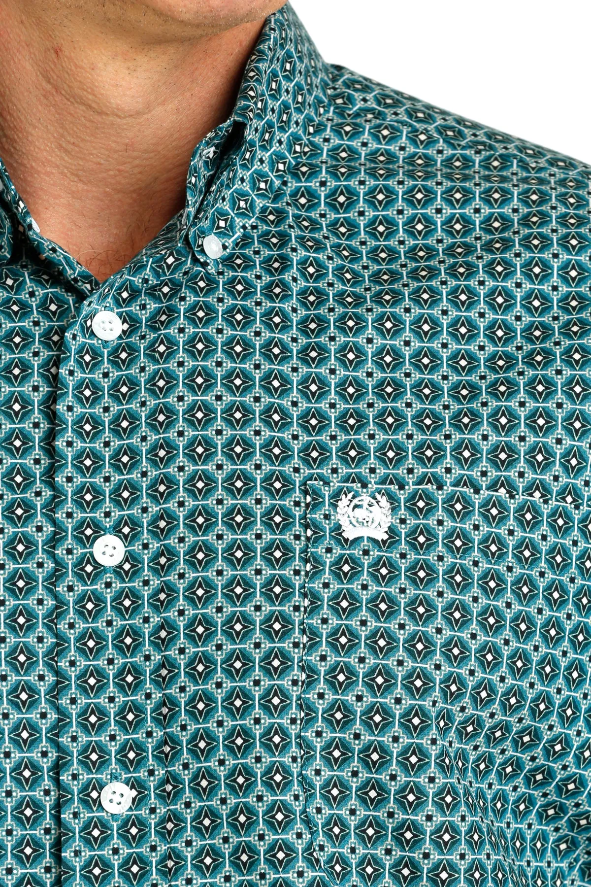 Cinch Teal/Tan Geometric Print Button-Down Shirt for Men