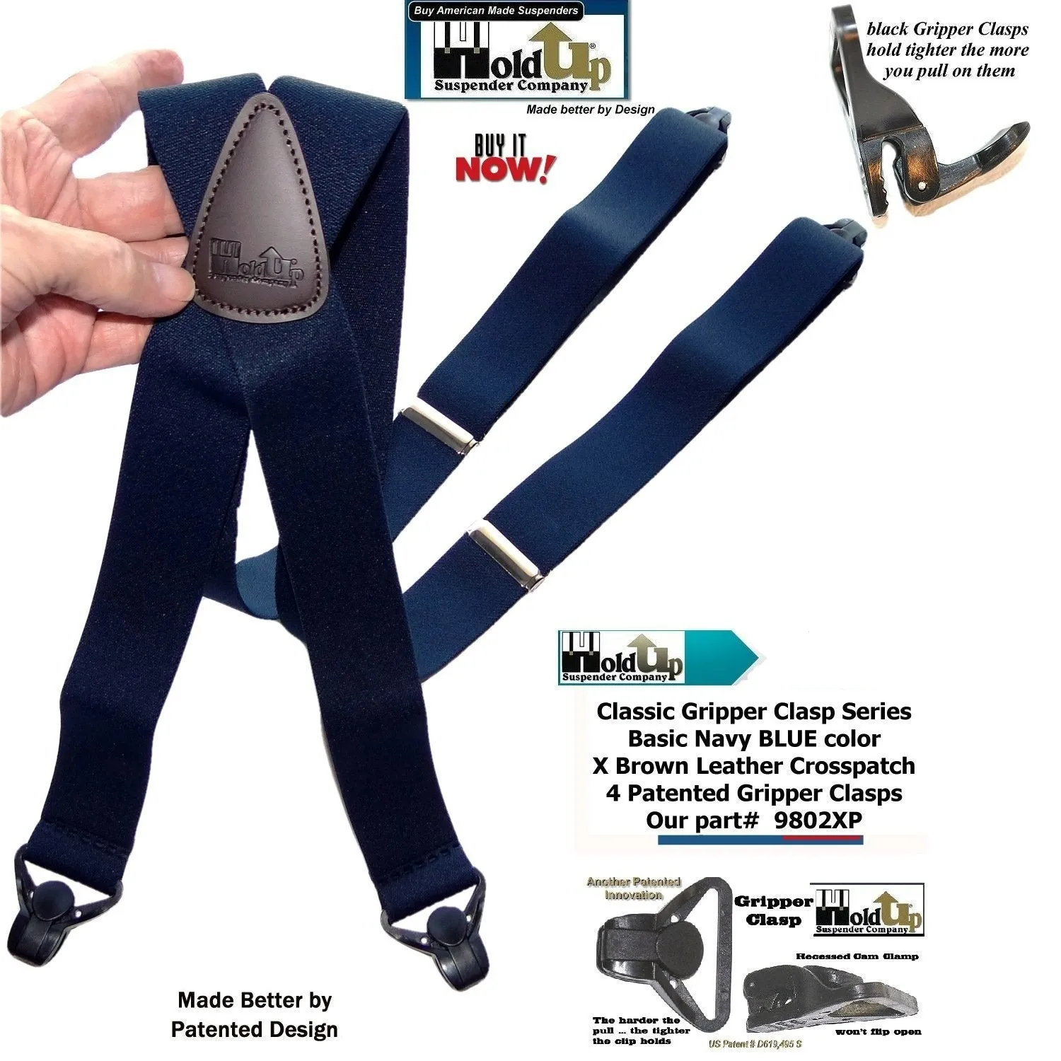 Classic Series Basic Blue Patented Gripper Clasp HoldUp Suspenders