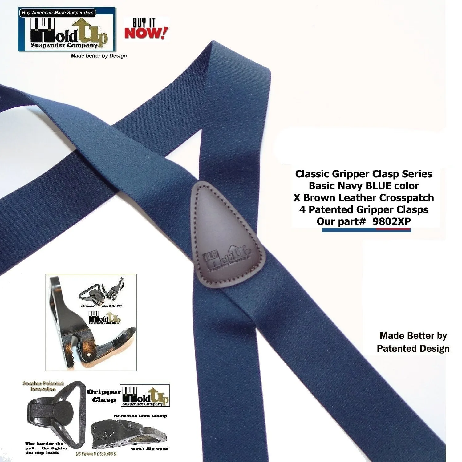 Classic Series Basic Blue Patented Gripper Clasp HoldUp Suspenders