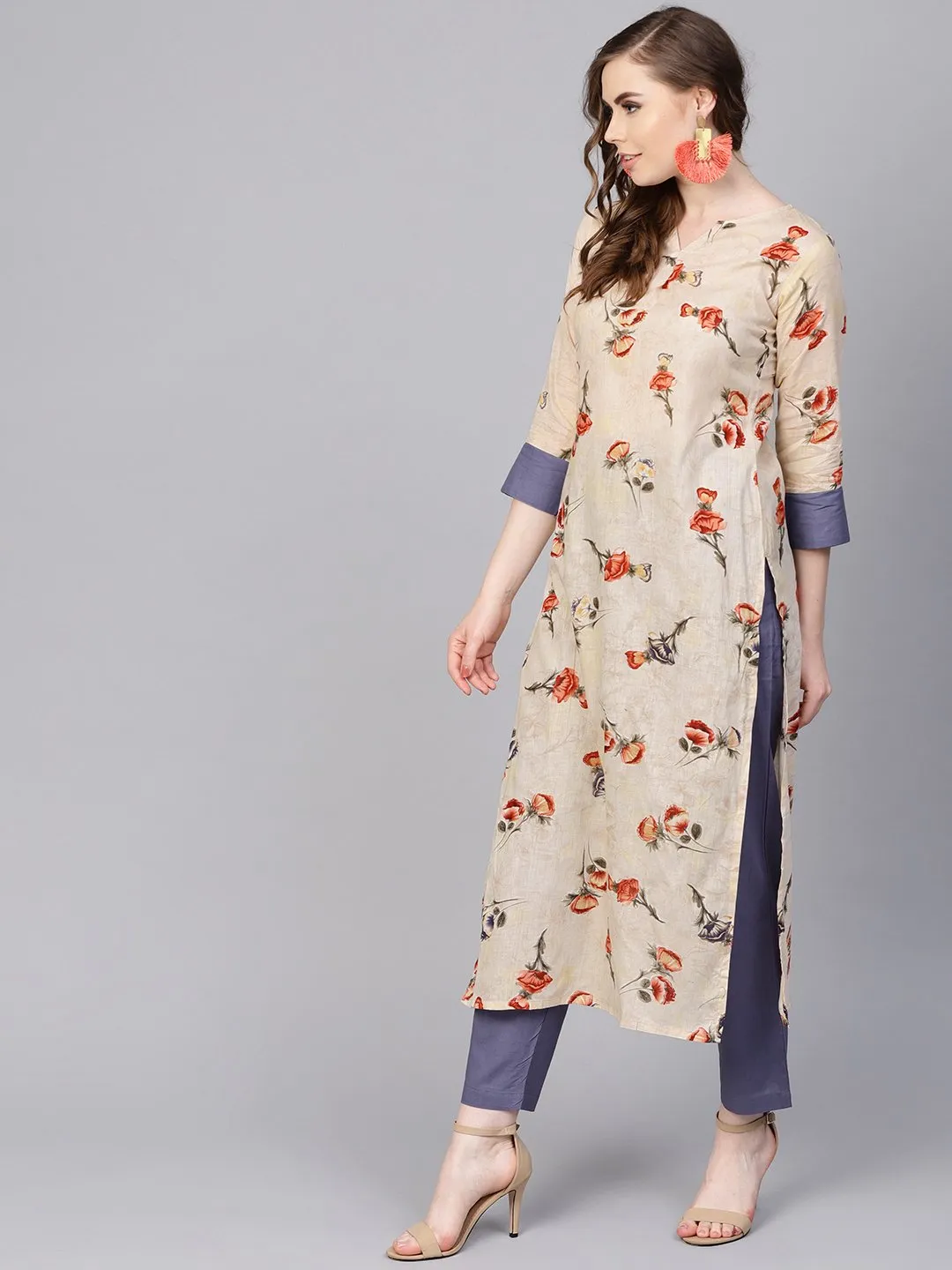 Cream Printed 3/4Th Sleeve Cotton Kurta Set  With Solid Pants