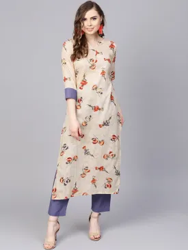 Cream Printed 3/4Th Sleeve Cotton Kurta Set  With Solid Pants