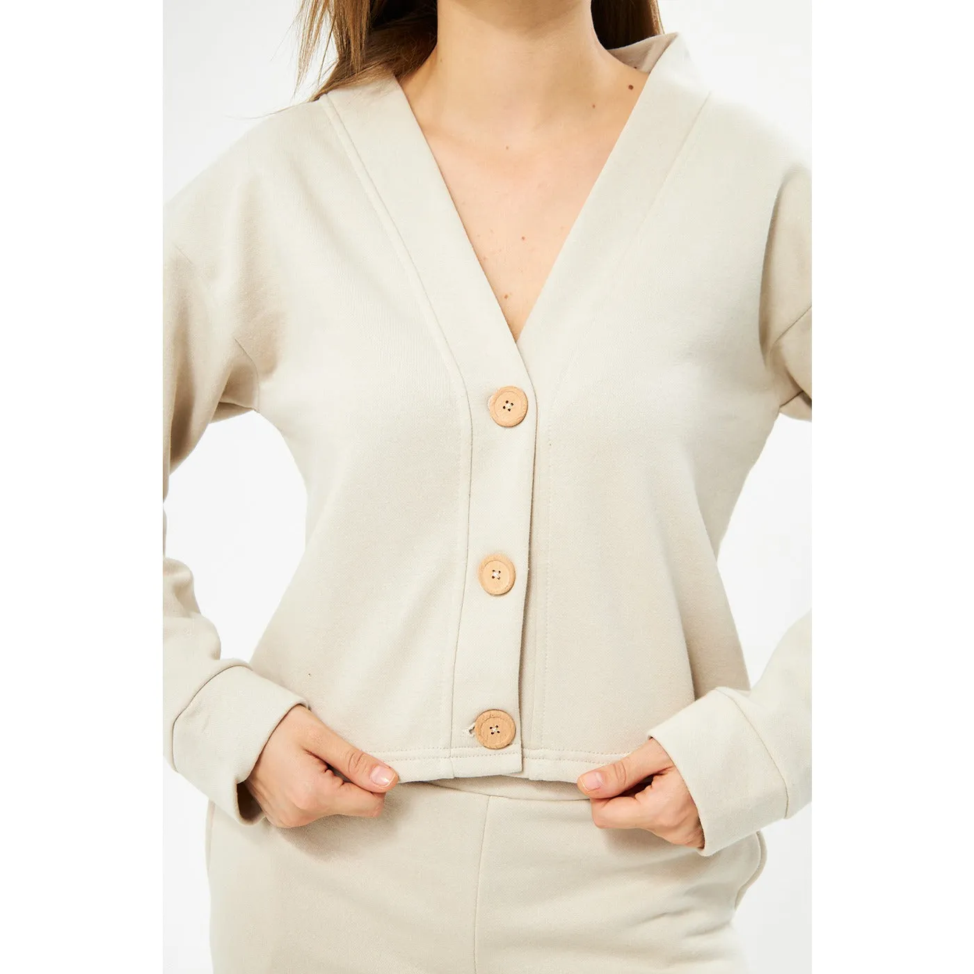 Cream Solid Button Cardigan