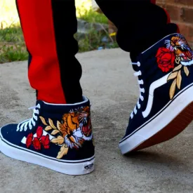 Custom Embroidered Tiger Rose Vans Navy Sneakers Shoes