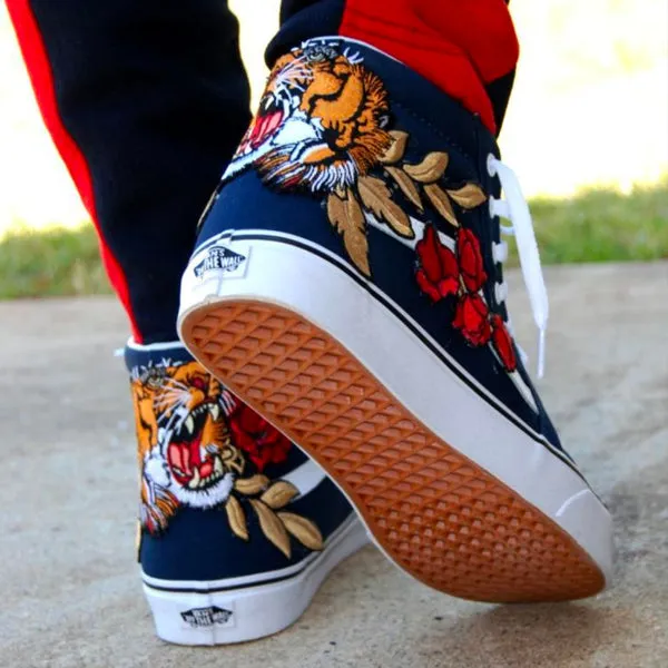 Custom Embroidered Tiger Rose Vans Navy Sneakers Shoes