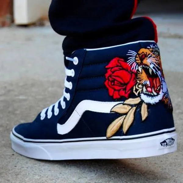 Custom Embroidered Tiger Rose Vans Navy Sneakers Shoes