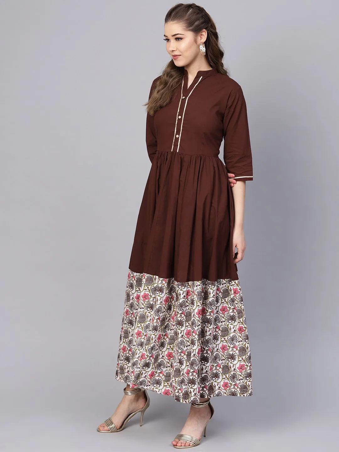 Dark Brown Maxi Dress  With Printed Border & Front Placket With Madarin Collar