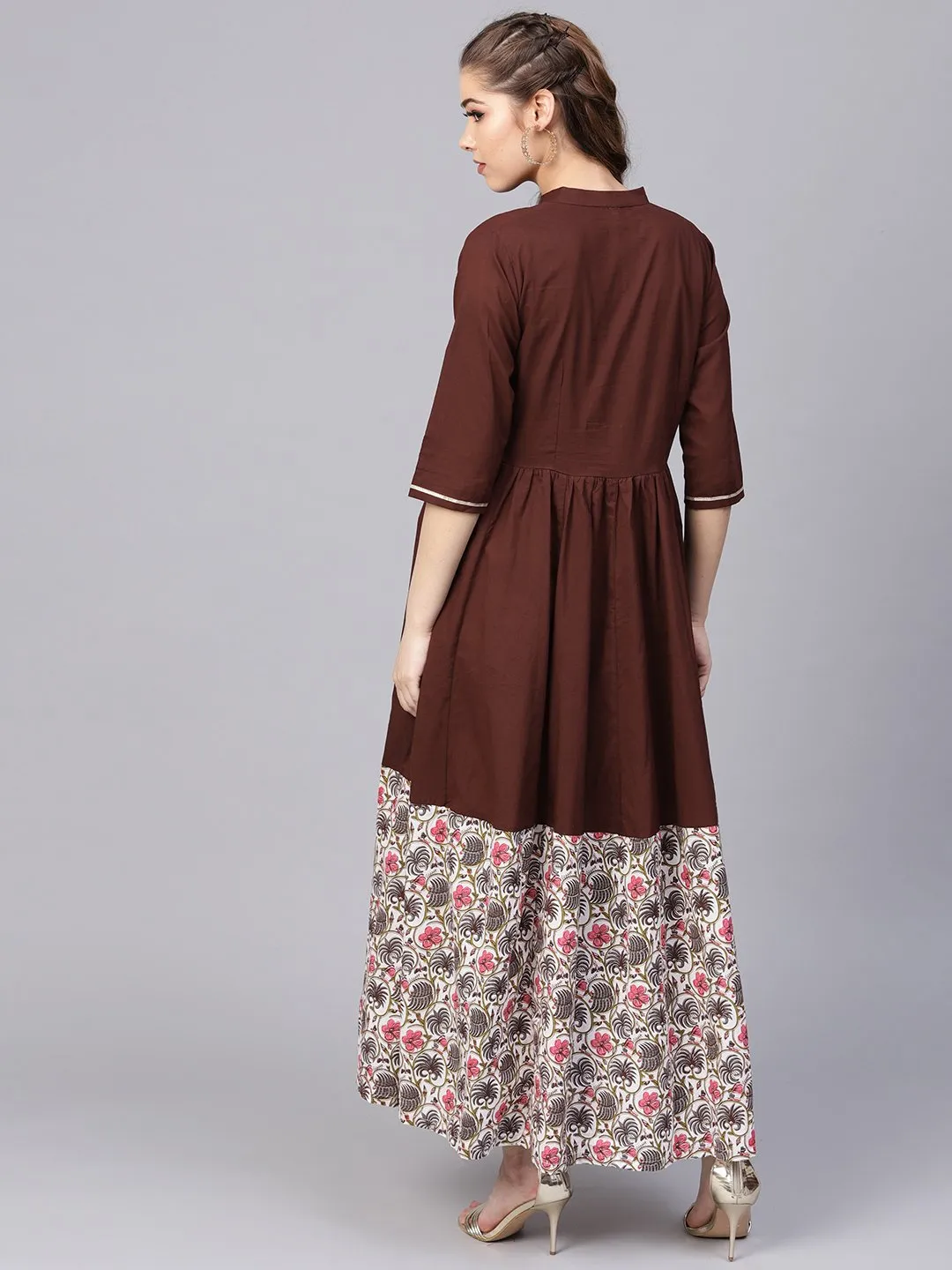 Dark Brown Maxi Dress  With Printed Border & Front Placket With Madarin Collar