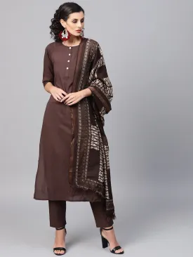 Dark Brown Solid Kurta Set With Pants  & Printed Dupatta