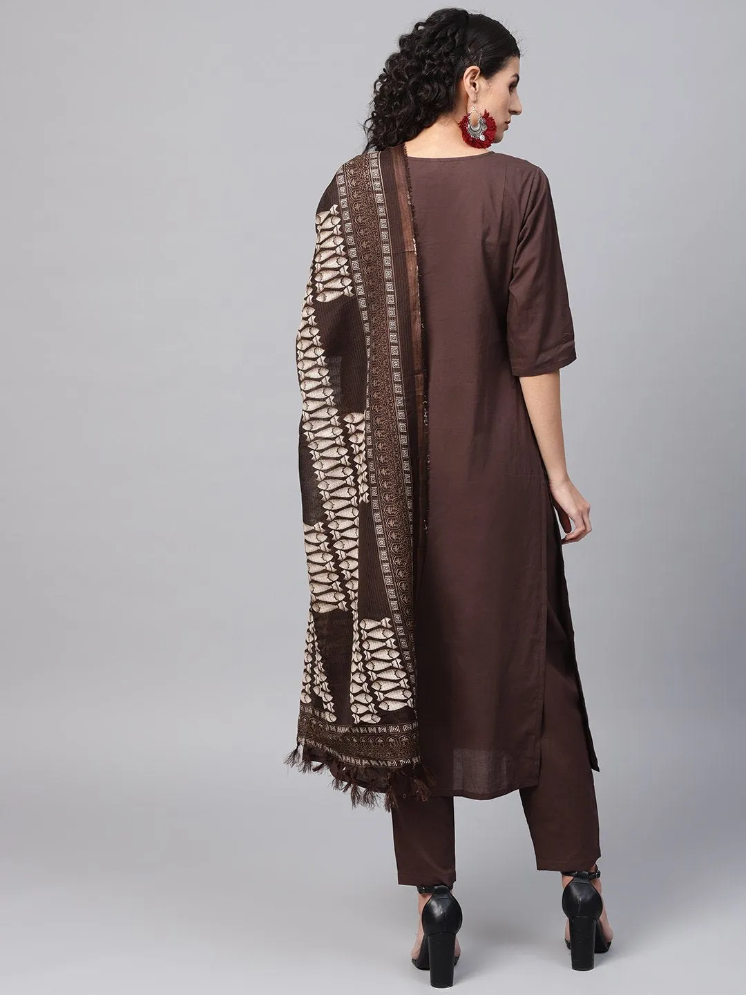 Dark Brown Solid Kurta Set With Pants  & Printed Dupatta