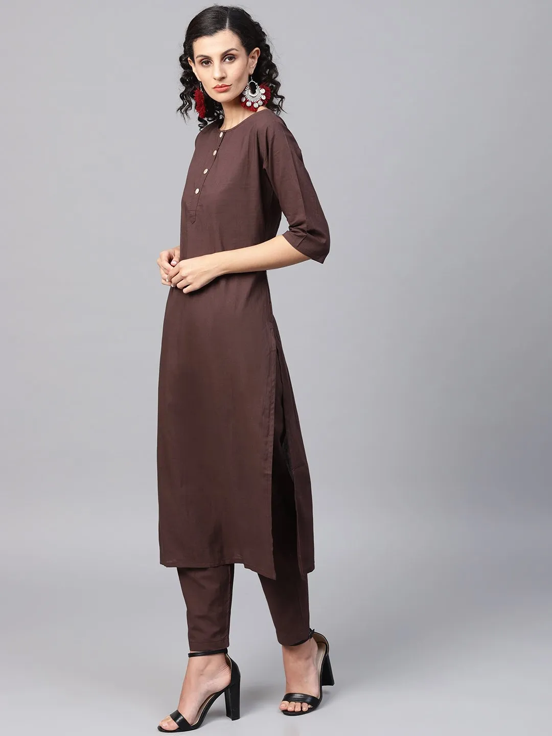 Dark Brown Solid Kurta Set With Pants  & Printed Dupatta