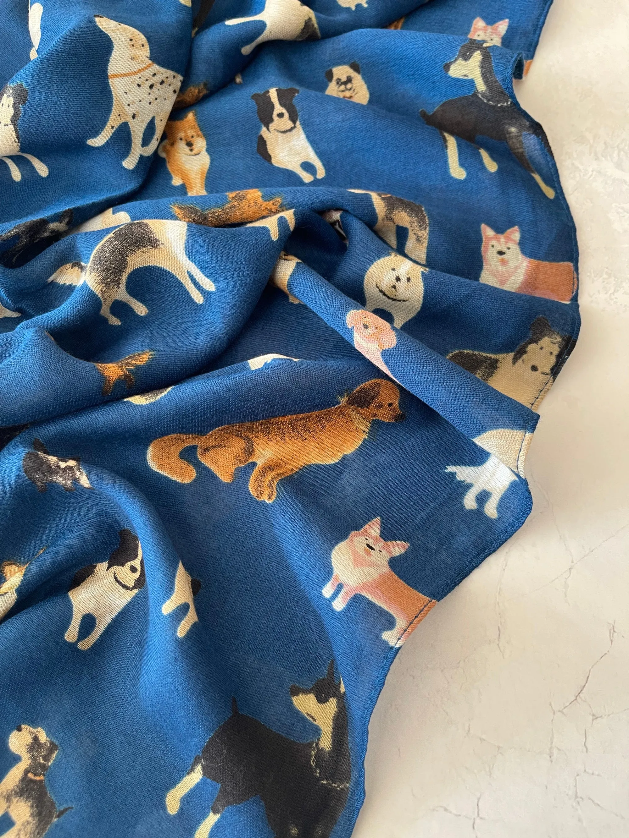 DEEP BLUE COTTON BLEND DOG PRINT LIGHTWEIGHT SCARF