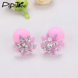 Fashion Double Sided Matte Simulated Pearl Stud Earrings Women Jewelry Korean Style Rhinestone Flower Earrings Lovely Pusety