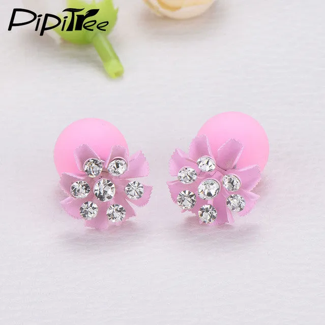 Fashion Double Sided Matte Simulated Pearl Stud Earrings Women Jewelry Korean Style Rhinestone Flower Earrings Lovely Pusety