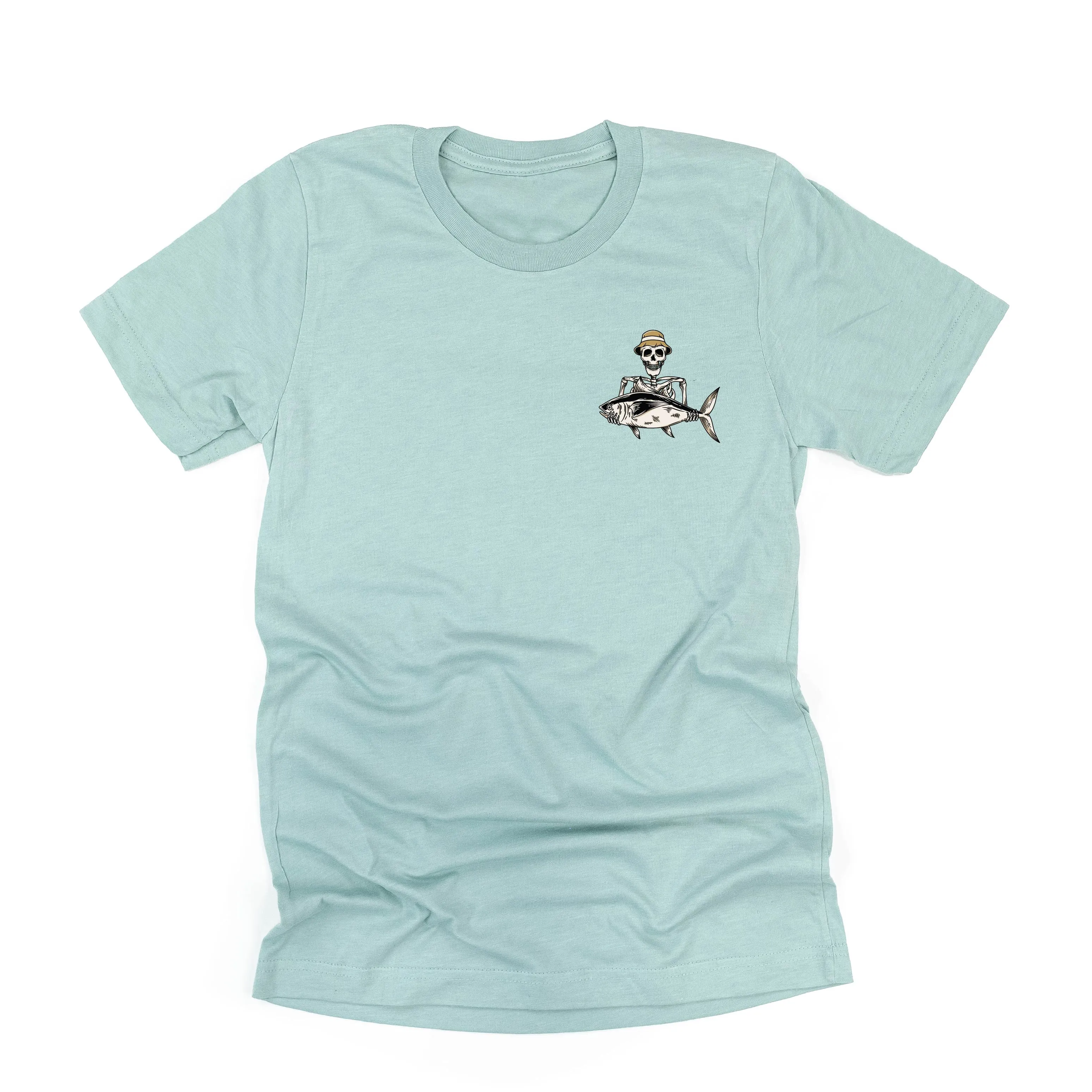 Fishing Skelly Pocket Design on Front w/ Never Give Up on Back - Unisex Tee