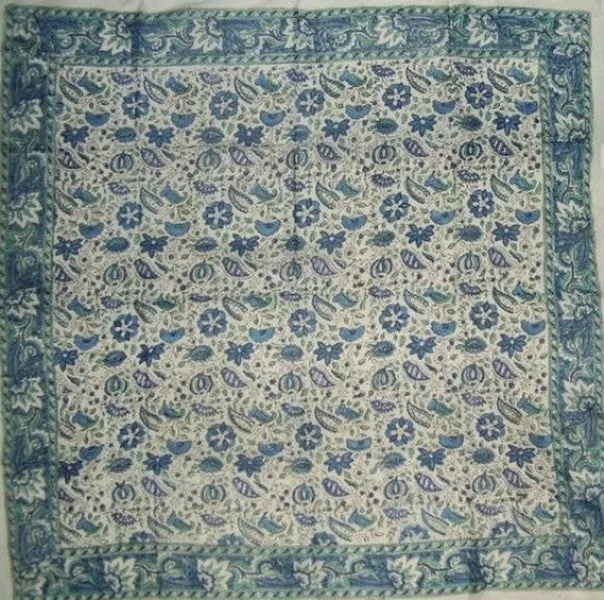 Floral Block Print Scarf Soft Light Cotton 42 x 42 Blue n Green