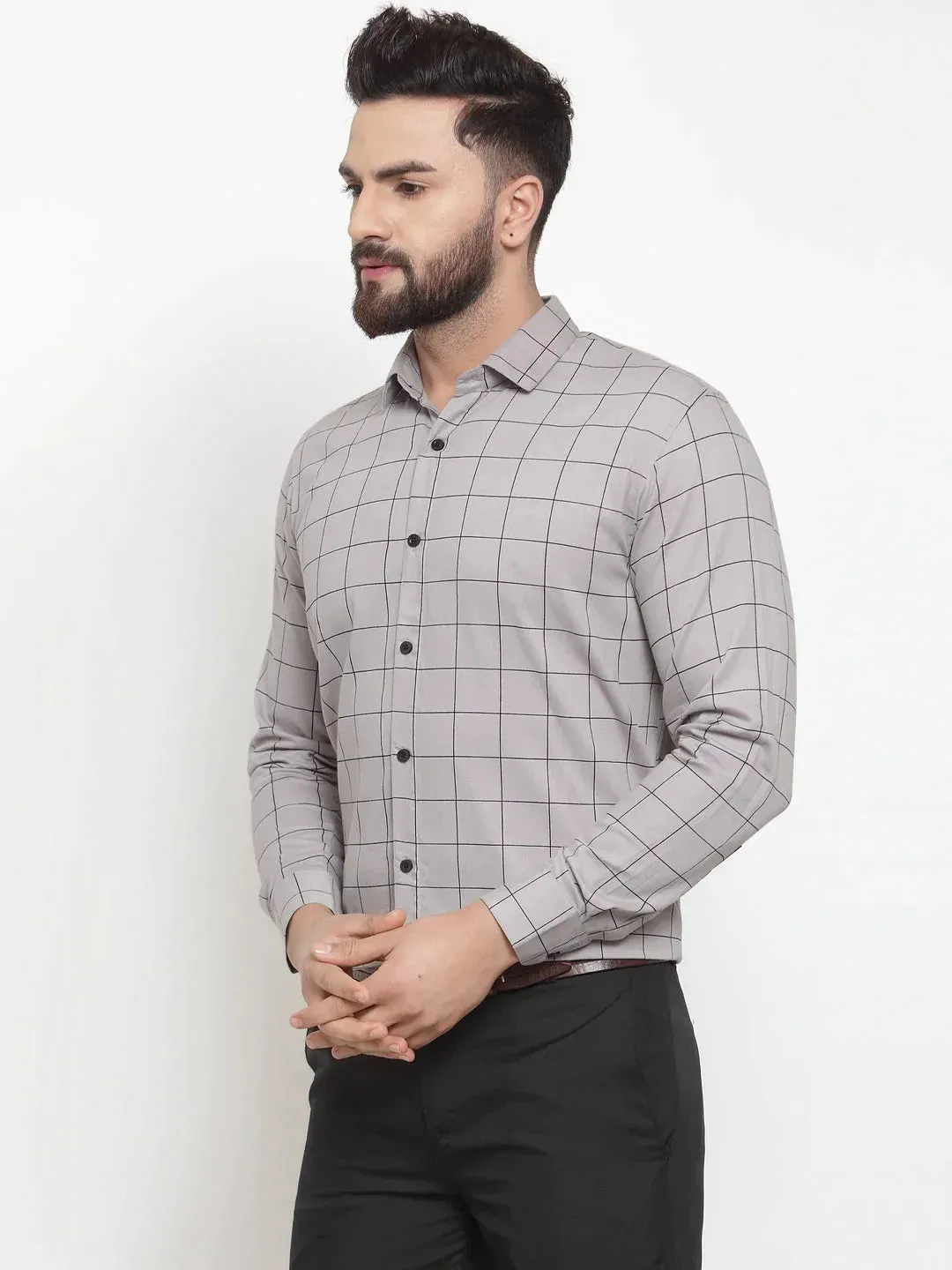 Grey Men'S Cotton Checked Formal Shirts