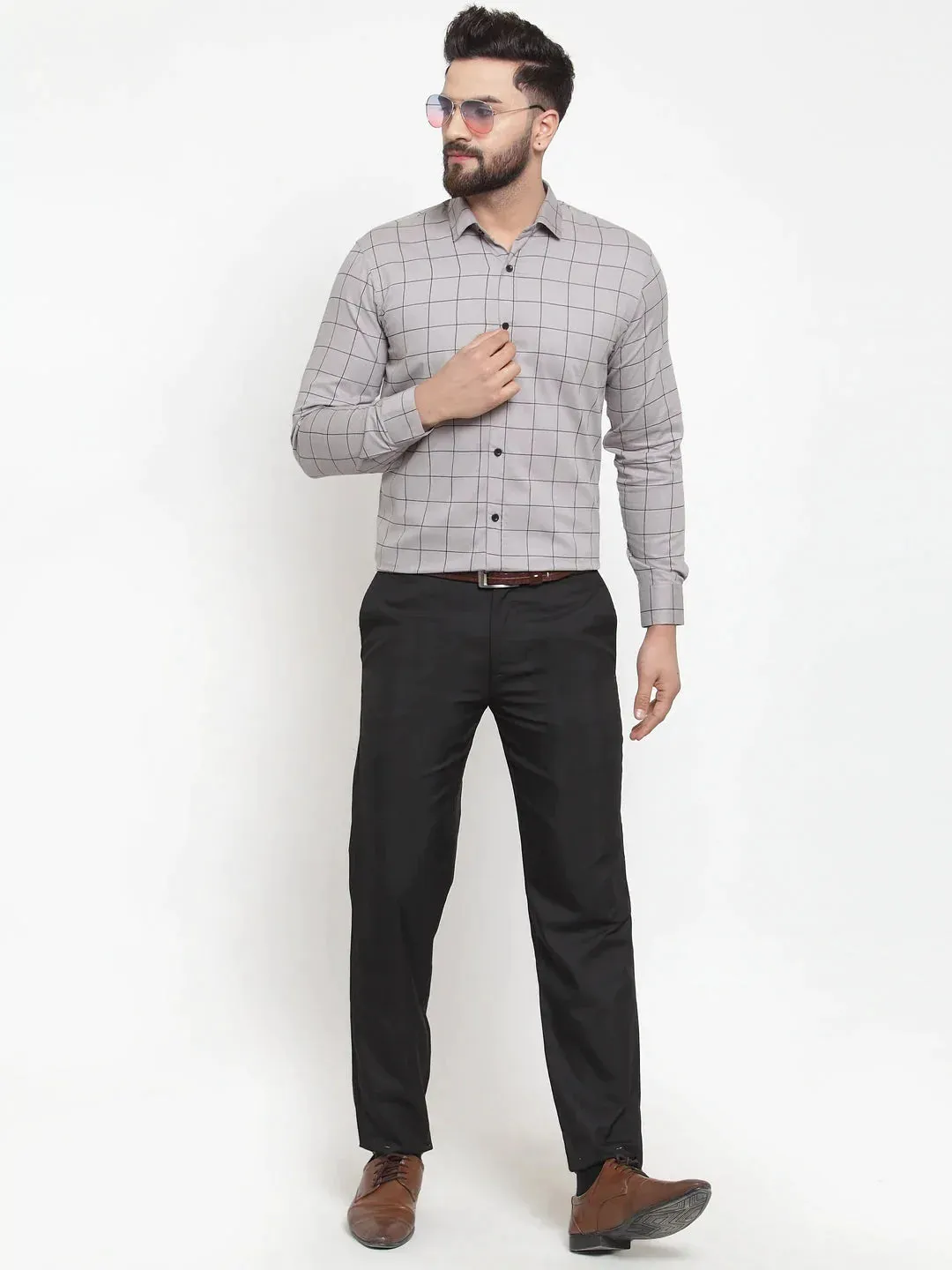 Grey Men'S Cotton Checked Formal Shirts