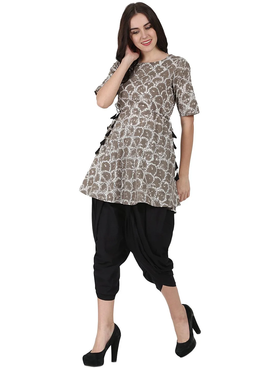 Grey Printed Half Sleeve Anarkali Kurta With Black Ankle Length Dhoti