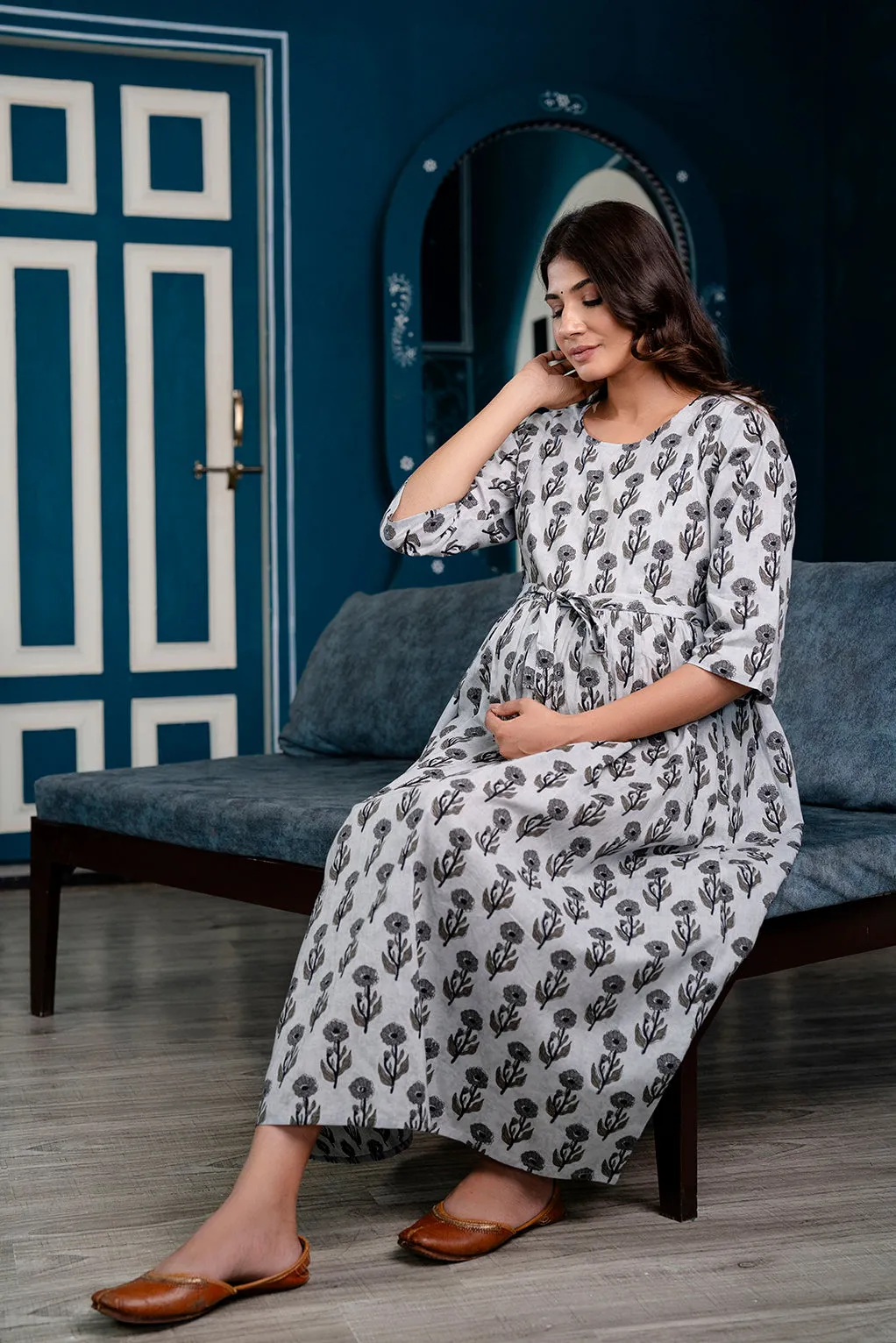 Grey Printed Maternity Dress For Women