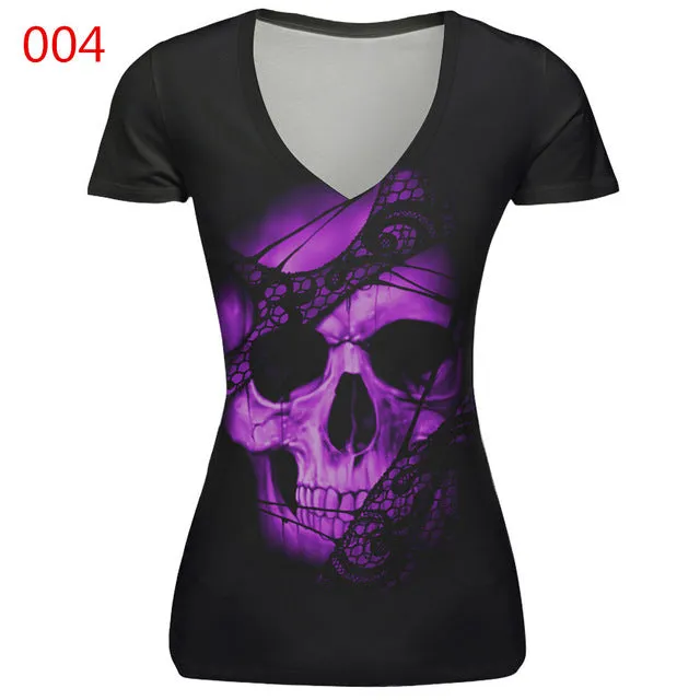 ILISMABA 2017 summer fashion new women's V-neck short sleeve brand T-shirt skull red lips 3D digital printing women's T-shirt