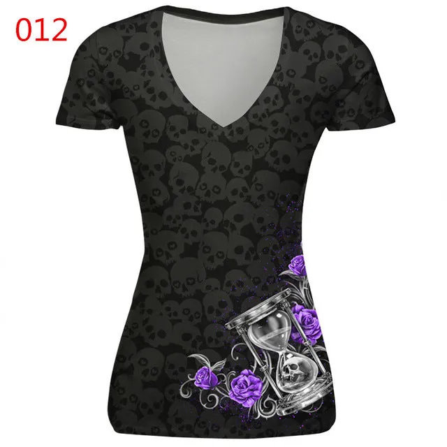 ILISMABA 2017 summer fashion new women's V-neck short sleeve brand T-shirt skull red lips 3D digital printing women's T-shirt