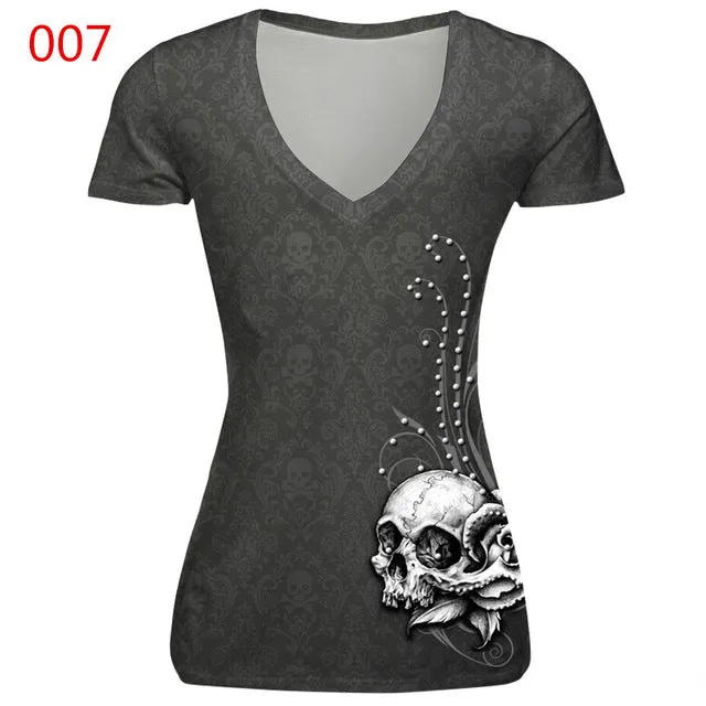 ILISMABA 2017 summer fashion new women's V-neck short sleeve brand T-shirt skull red lips 3D digital printing women's T-shirt